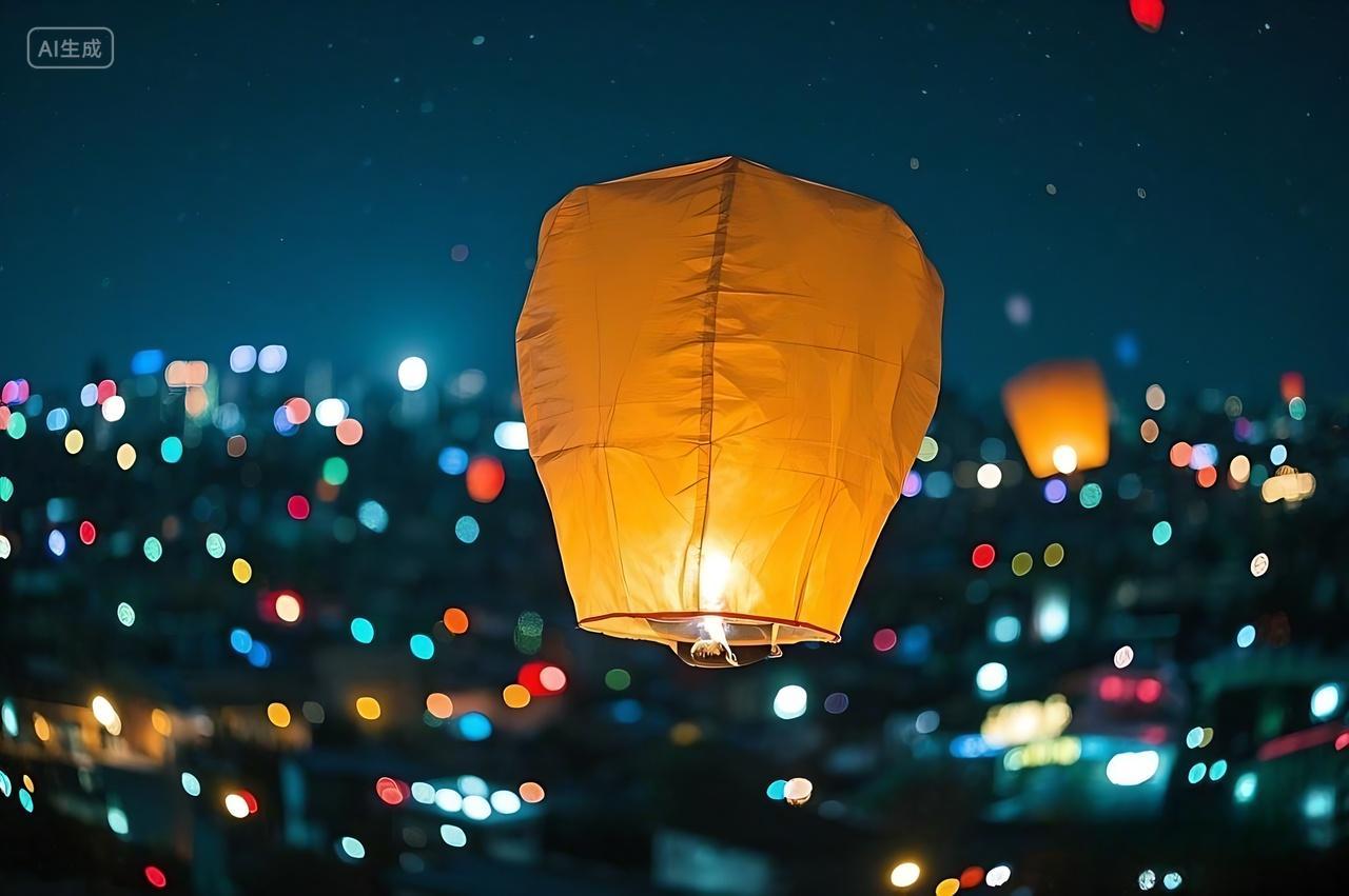 夜空燃烧的孔明灯传统节日元宵节放灯灯会正月十五元宵节