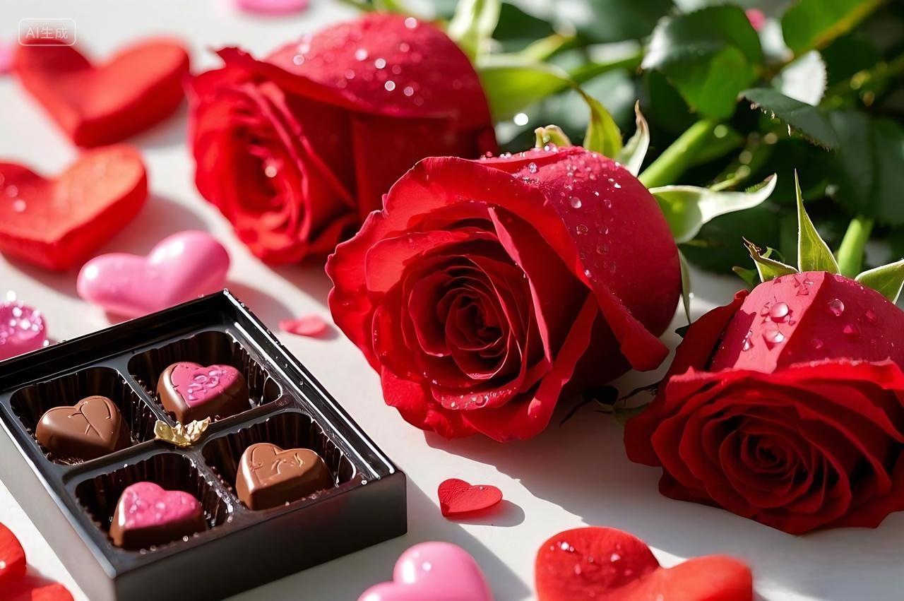 2月14日情人节214七夕节恋爱爱情浪漫玫瑰花创意背景唯美意境礼盒情人节场景