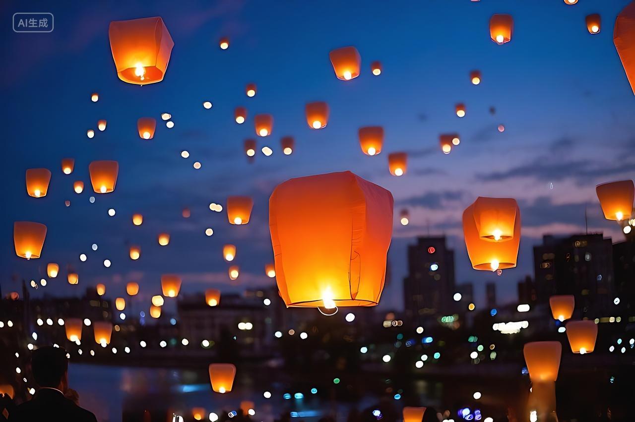 夜晚空中漂浮的孔明灯节日祈福祝愿元宵节孔明灯图片放灯灯会正月十五元宵节八月十五中秋节七月半唯美