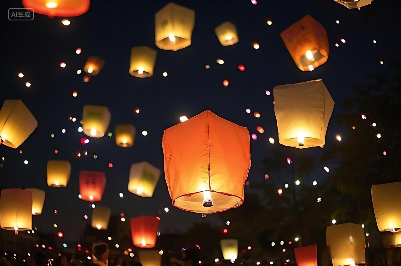 夜晚空中漂浮的孔明灯节日祈福祝愿元宵节孔明灯图片放灯灯会正月十五元宵节八月十五中秋节七月半唯美