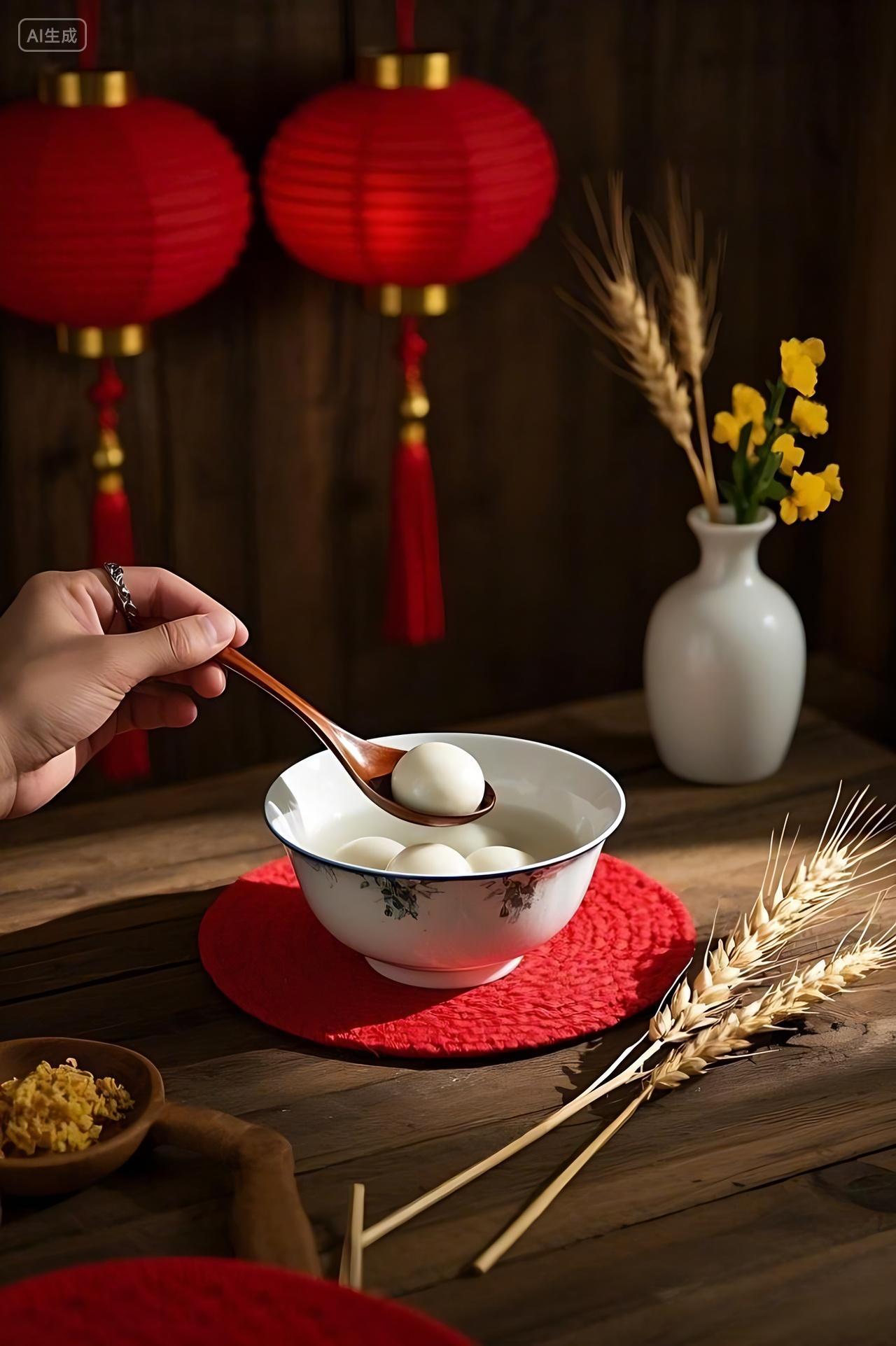 正月十五元宵节一只手正用勺子舀起一颗汤圆碗里装着汤圆元宵节背景图片