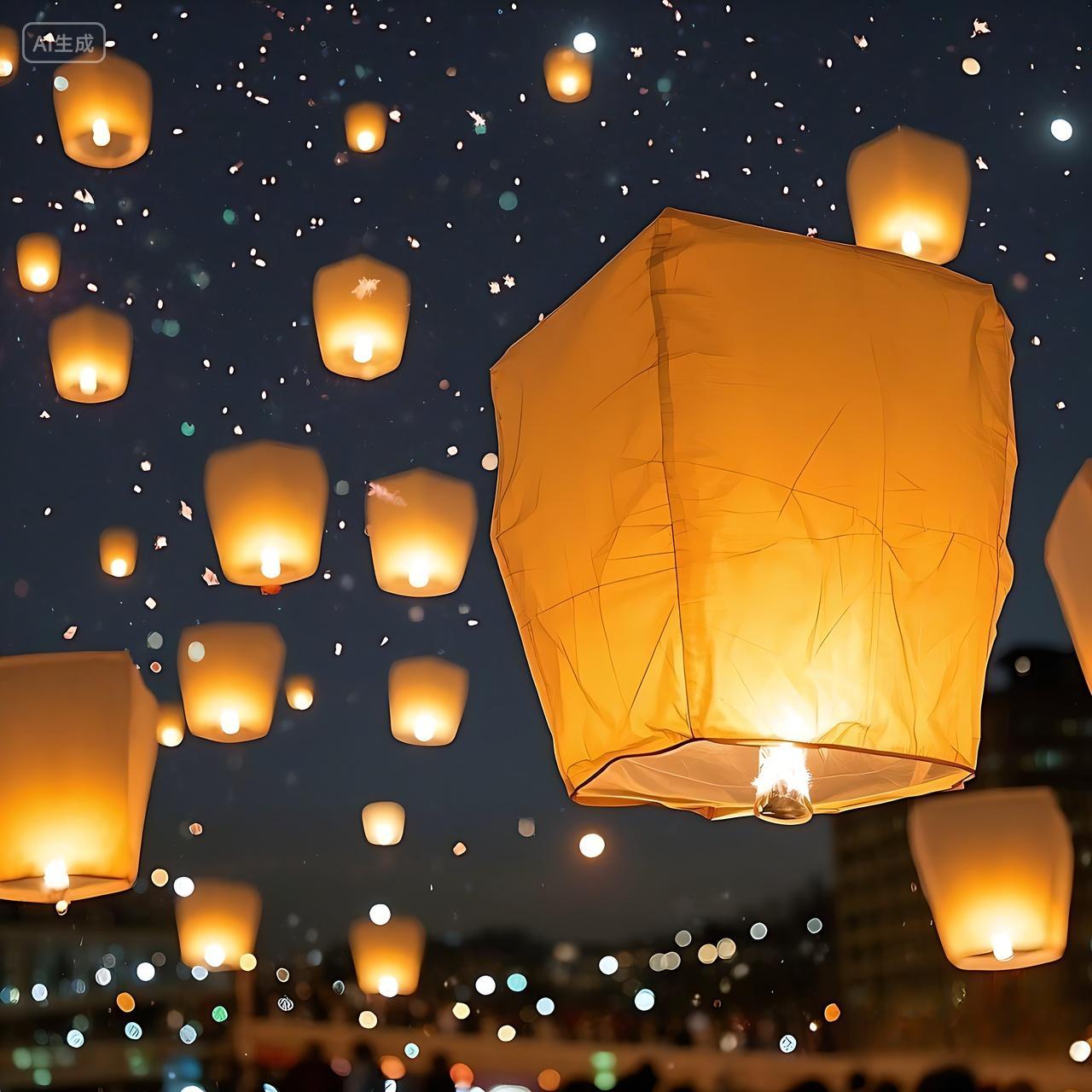 夜晚升起的孔明灯特写元宵节孔明灯图片放灯灯会正月十五元宵节八月十五中秋节七月半唯美