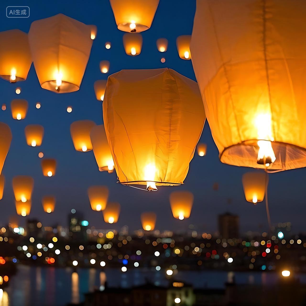 夜晚升起的孔明灯特写元宵节孔明灯图片放灯灯会正月十五元宵节八月十五中秋节七月半唯美