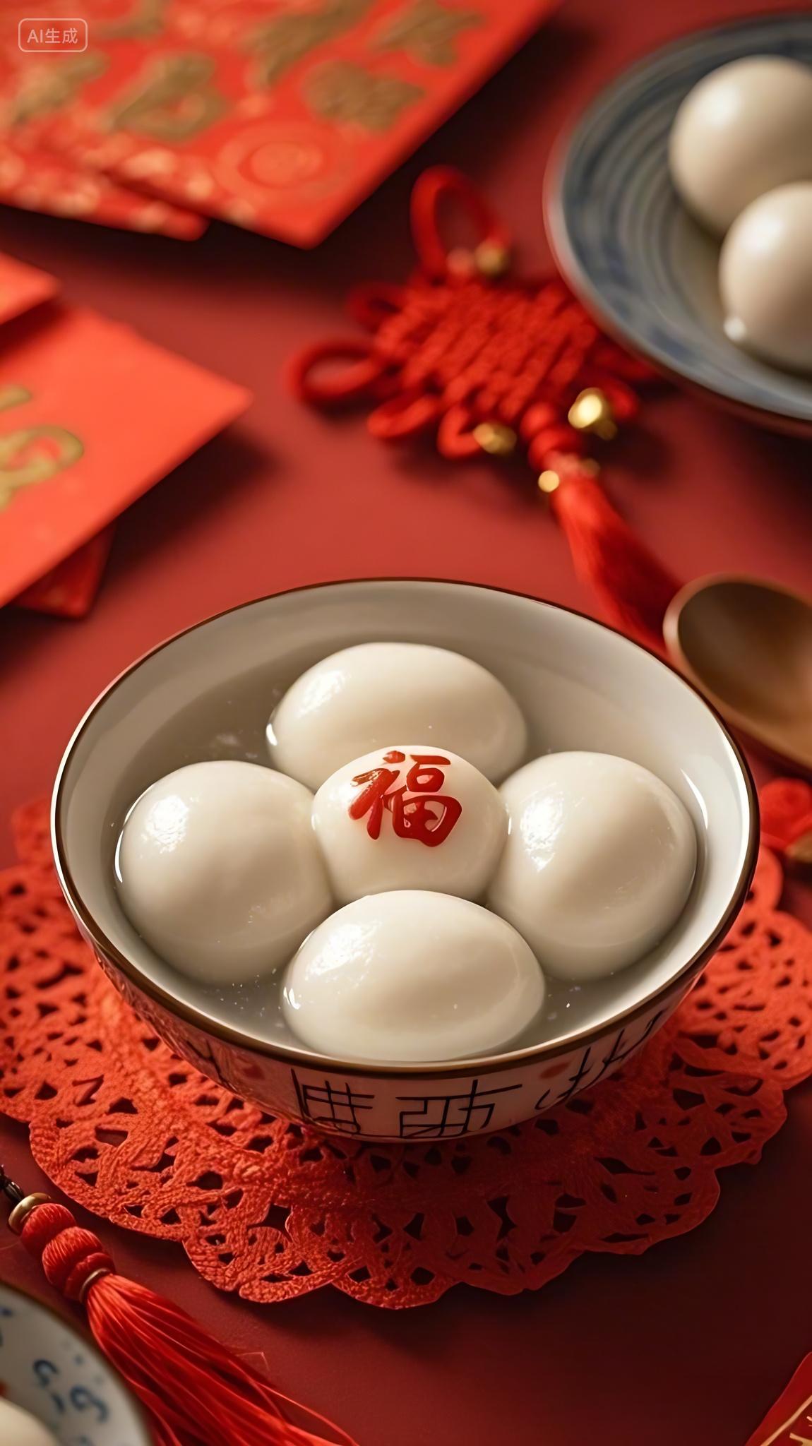 正月十五元宵节红色背景元宵节碗里盛放传统汤圆节日美食