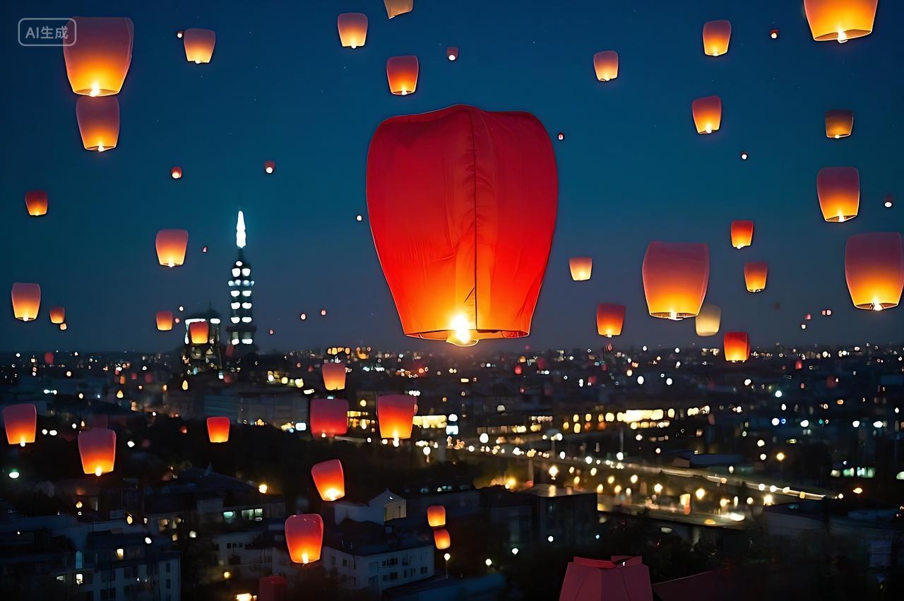 夜晚放飞孔明灯的场景放灯灯会放灯灯会正月十五元宵节八月十五中秋节七月半唯美