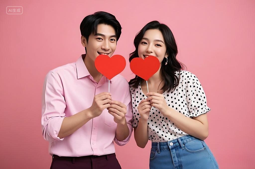 一对情侣站在爱心形状手拿红色爱心图片