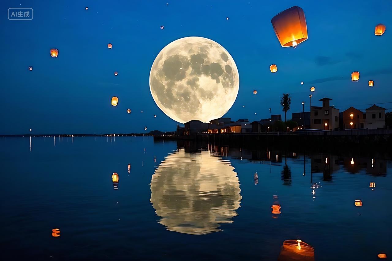 夜晚月亮旁有很多孔明灯图片正月十五元宵节八月十五中秋节放灯灯会