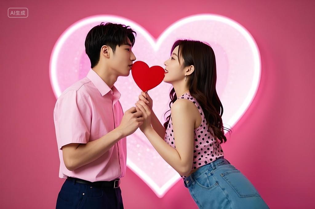 情侣站在心形光影中两人手持红色心形道具放在嘴边