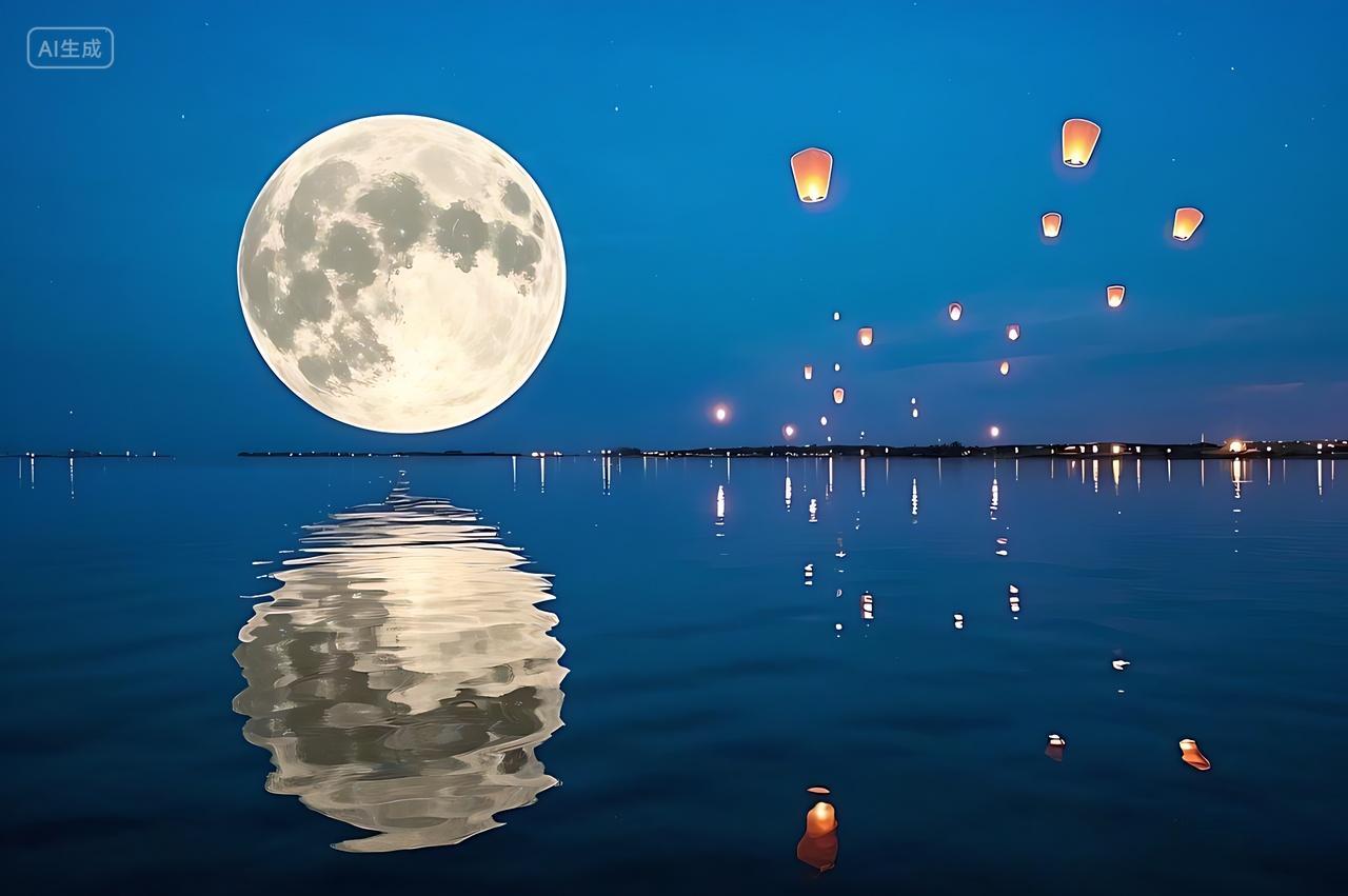 夜晚月亮旁空中飘飞着许多孔明灯正月十五元宵节八月十五中秋节放灯灯会