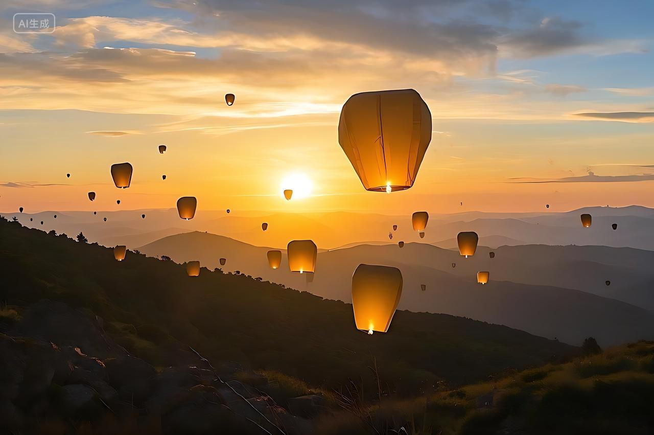 山上日落孔明灯特写正月十五元宵节孔明灯放灯灯会图片放灯灯会正月十五元宵节八月十五中秋节七月半唯美