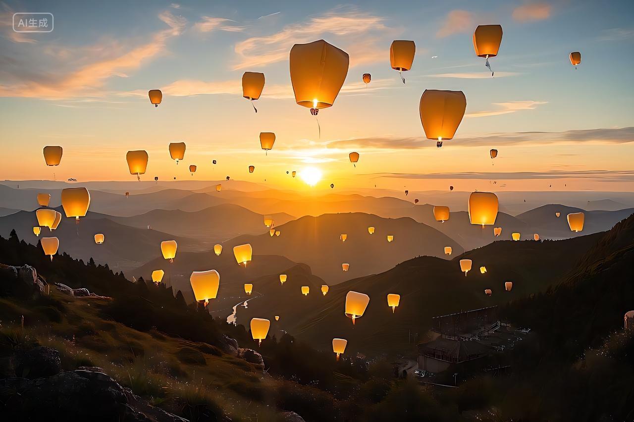 日落孔明灯正月十五元宵节孔明灯放灯灯会图片放灯灯会正月十五元宵节八月十五中秋节七月半唯美