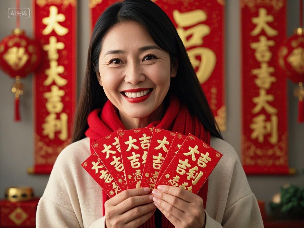 一个女人手拿大吉大利红包特写图片背景