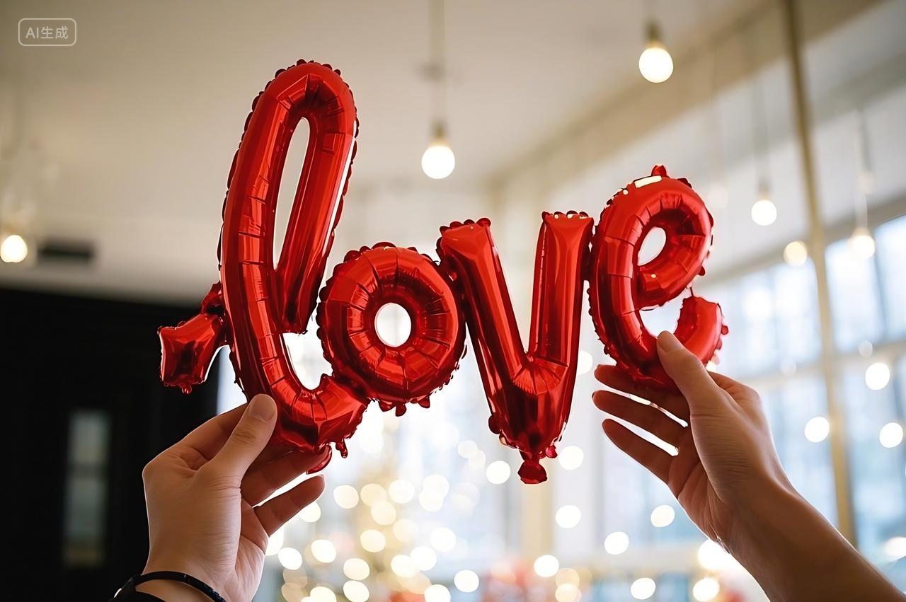 2月14日情人节214七夕节恋爱爱情浪漫两只手分别从两侧握住一个红色的爱造型气球