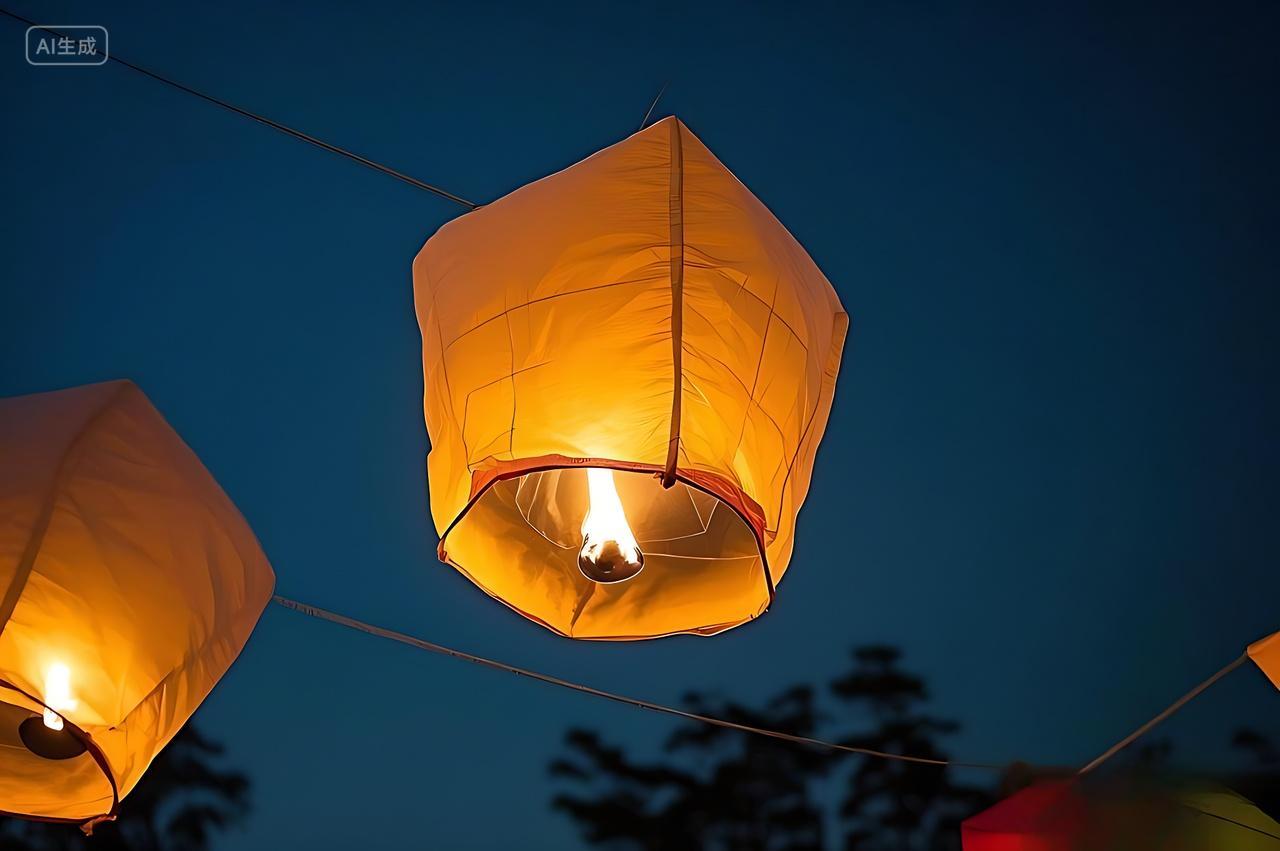 夜空燃烧的孔明灯传统节日元宵节放灯灯会正月十五元宵节八月十五中秋节七月半唯美