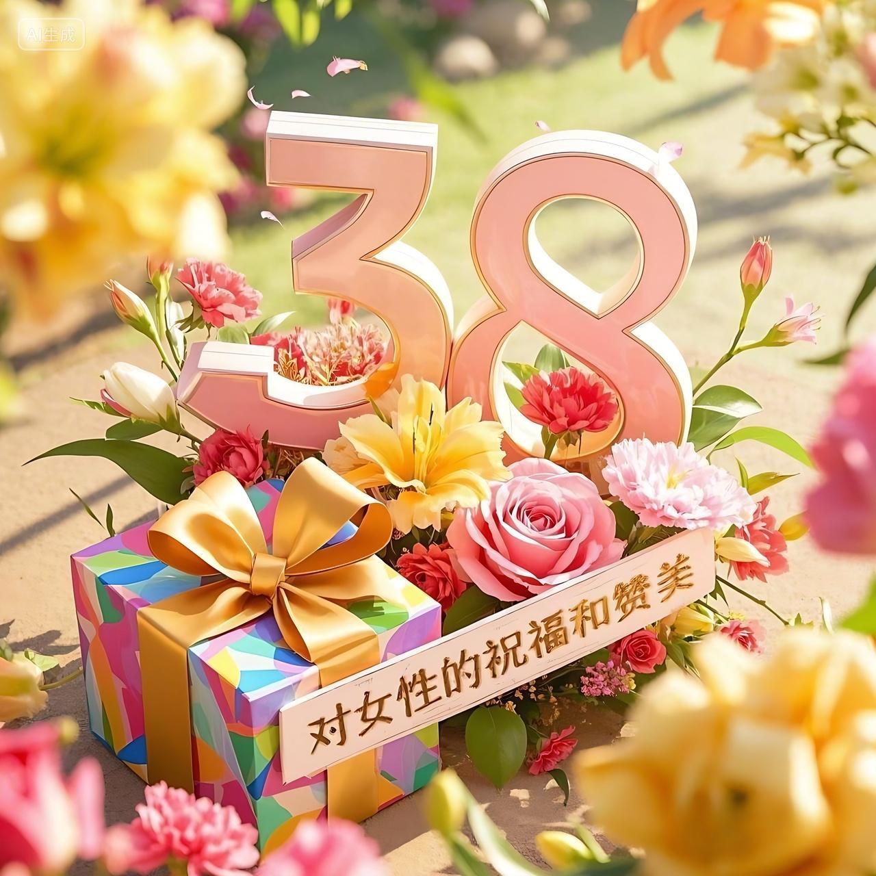 38妇女节3月8日三八妇女节创意38数字各种礼物盒和花朵的形状妇女节图片背景