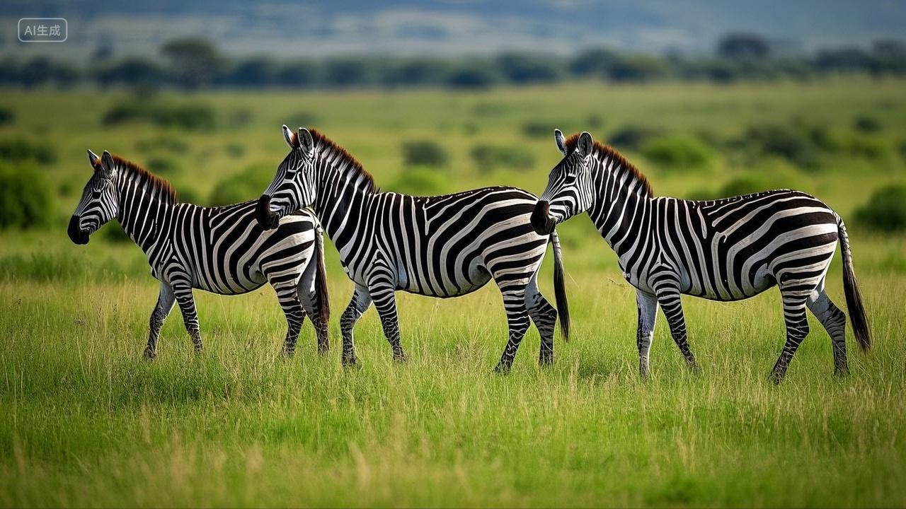 草地上三只斑马野生动物斑马草地动物保护动物