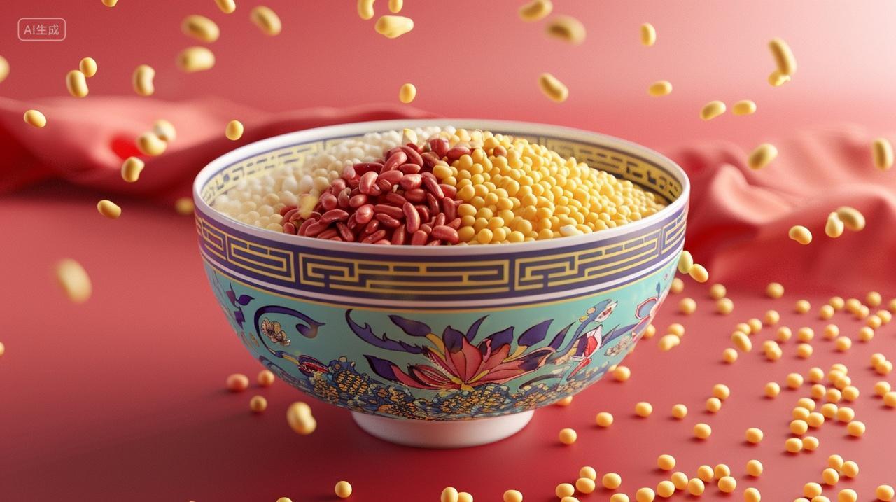 春节腊八粥食材散落碗旁有小豆红豆腊八节素材温馨壁纸插画