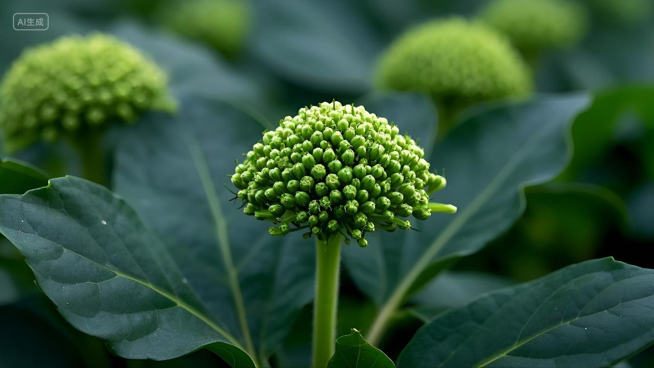 中药田里新鲜的三七花绿色三七花中药中草药中医养生宣传