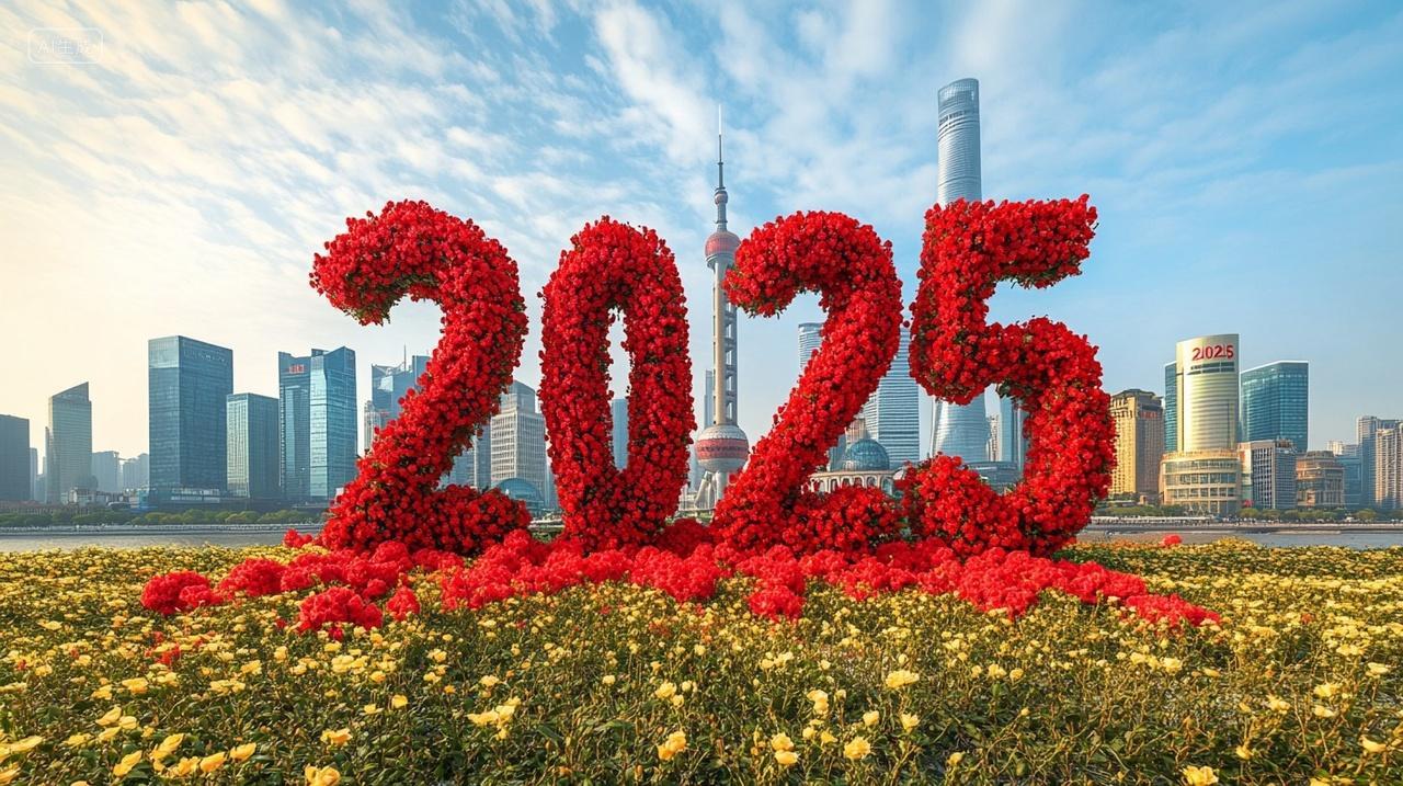 花朵组成的2025为城市地标建筑创意数字2025年蛇年新年元旦节