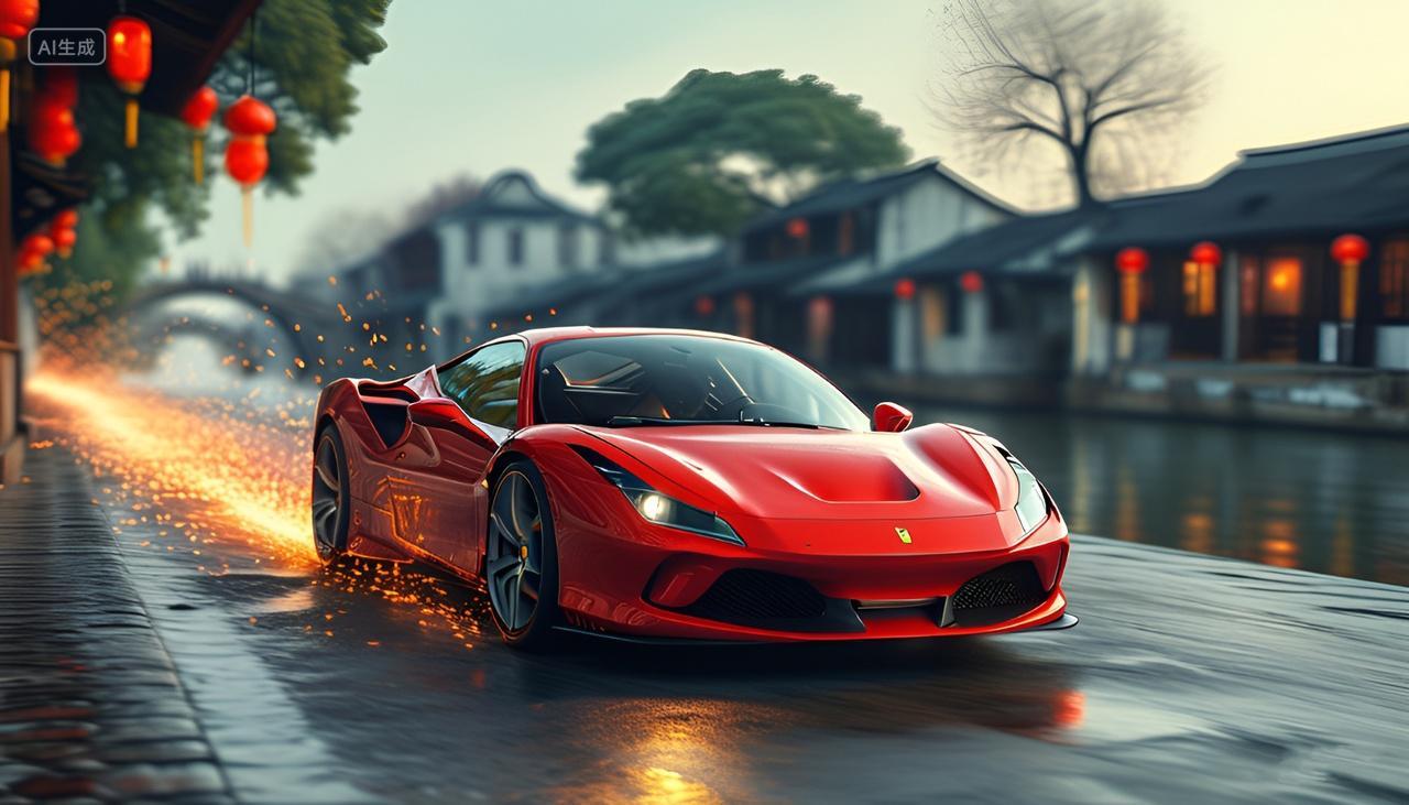 一辆红色的法拉利跑车行驶中自然桌面壁纸朋友圈广告宣传素材