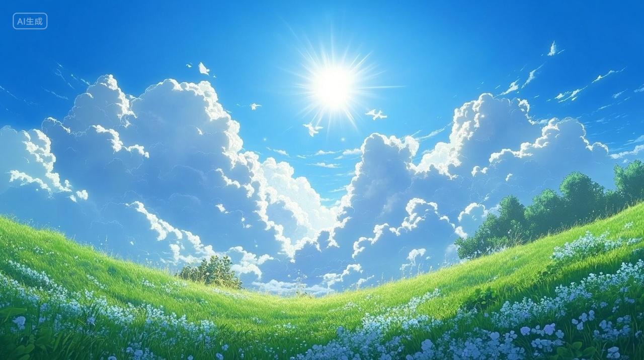 宫崎骏动漫风蓝天白云小草和植物自然风景风光电脑壁纸背景图