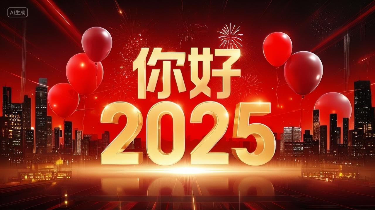 年终总结2025年你好2025新年跨年元旦节城市红色配图企业年会公司年会