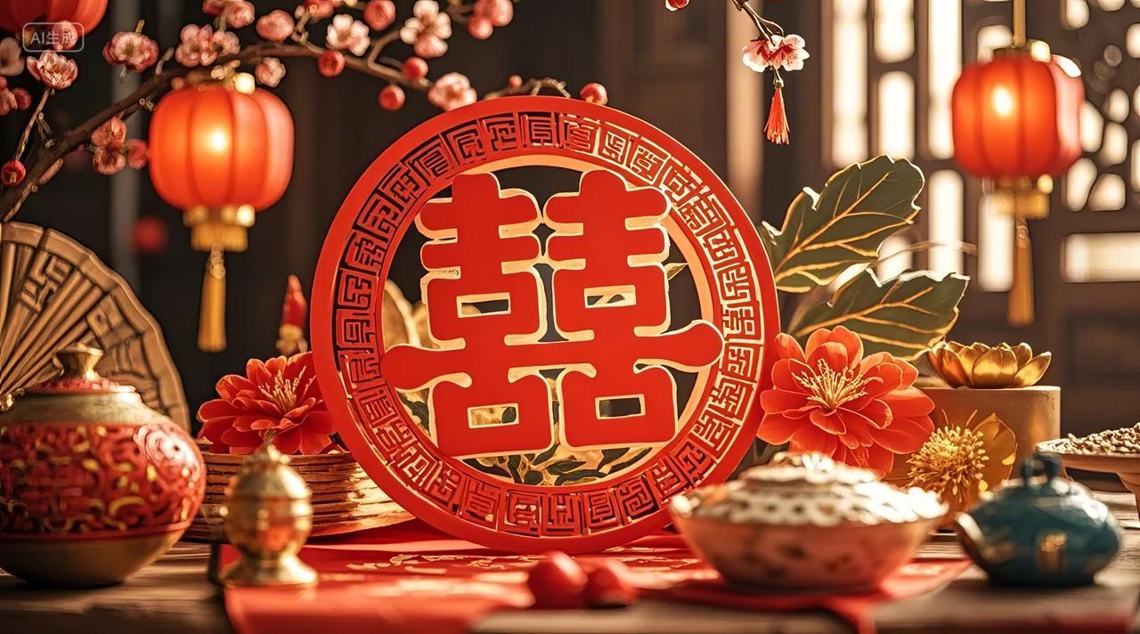 春节新年喜庆节日中国风场景婚礼双喜临门喜字布置图