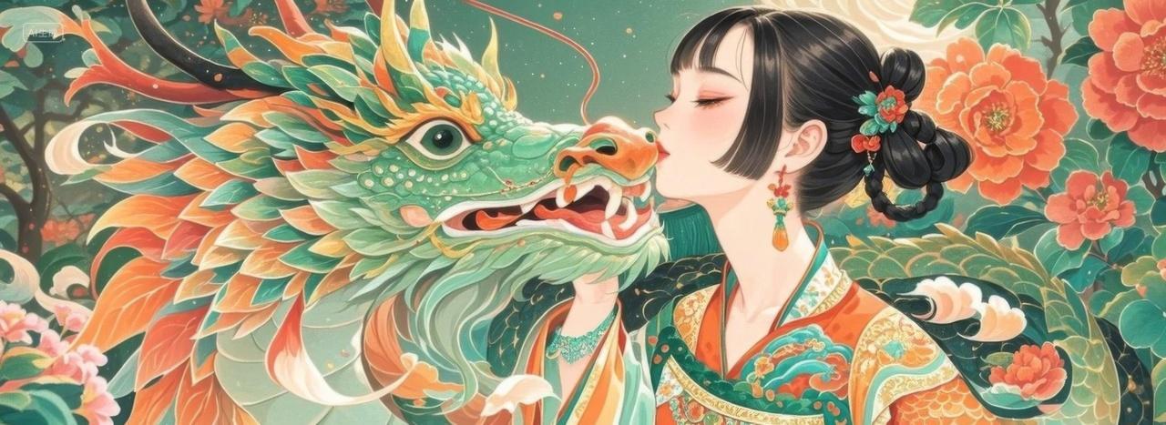 中国风古风女子与神龙互动传统文化装饰画素材挂画banner传统画