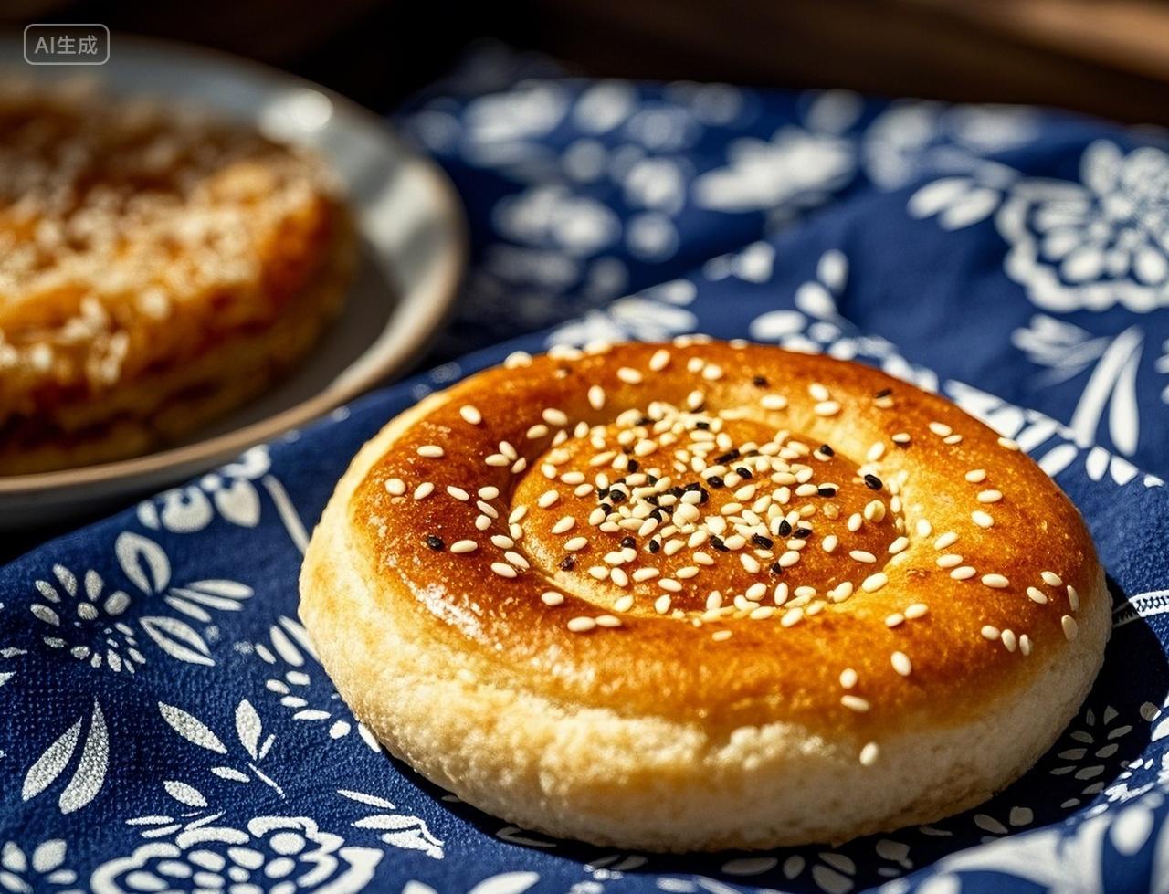 甜口圆形芝麻烧饼大饼甜口大饼美食菜单产品摄影图青花瓷花布纹样