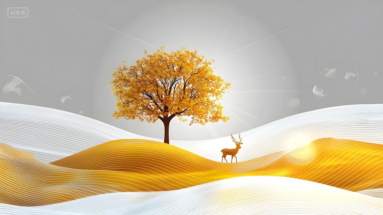 秋天树和金色风景中鹿风景金色烫金客厅挂画