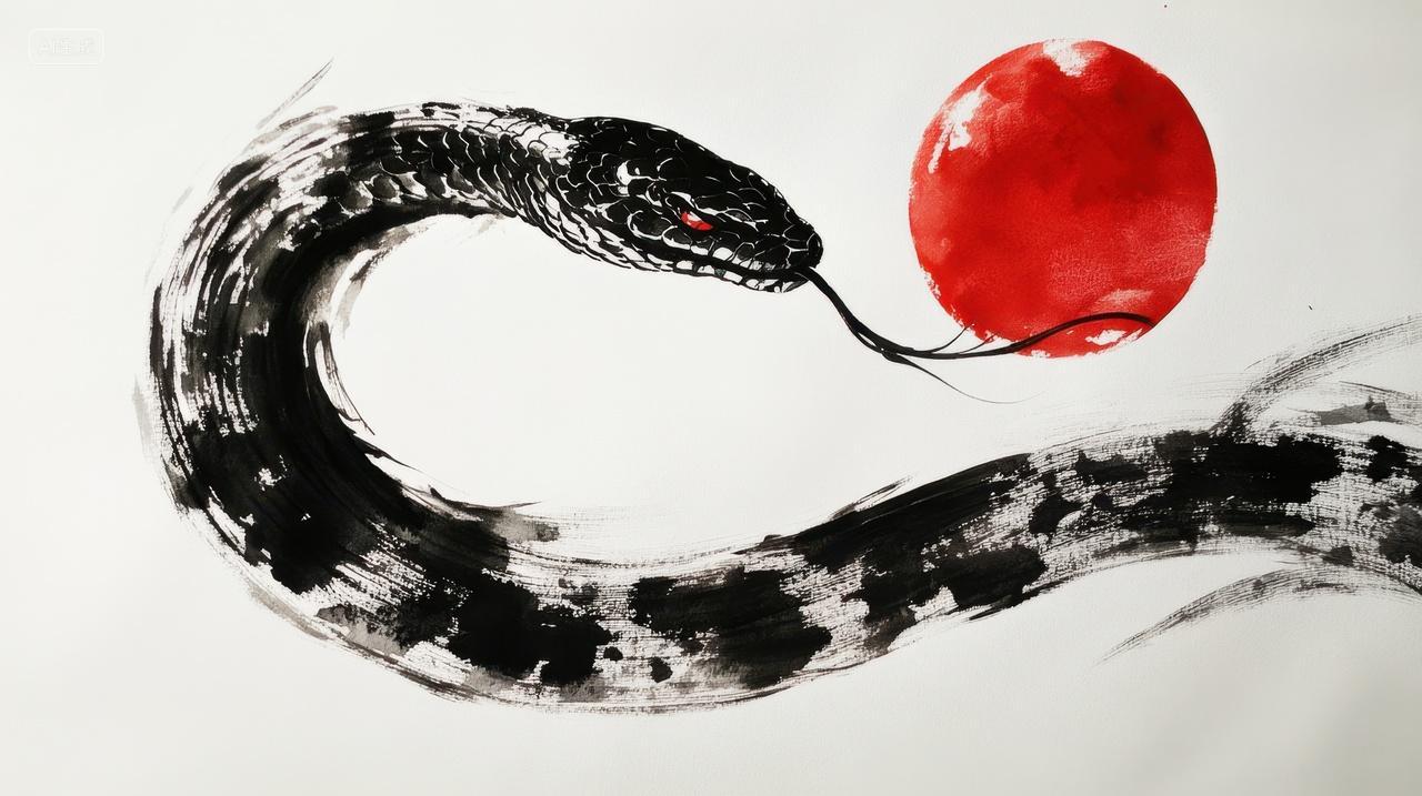 水墨蛇与红日