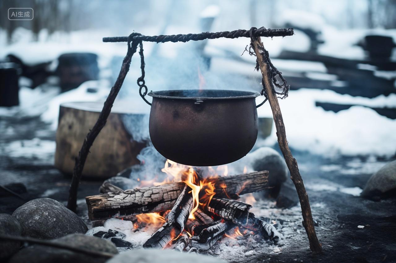 冬日冬天雪景户外篝火冒险煮食做饭烹饪野外求生探险烟火气息