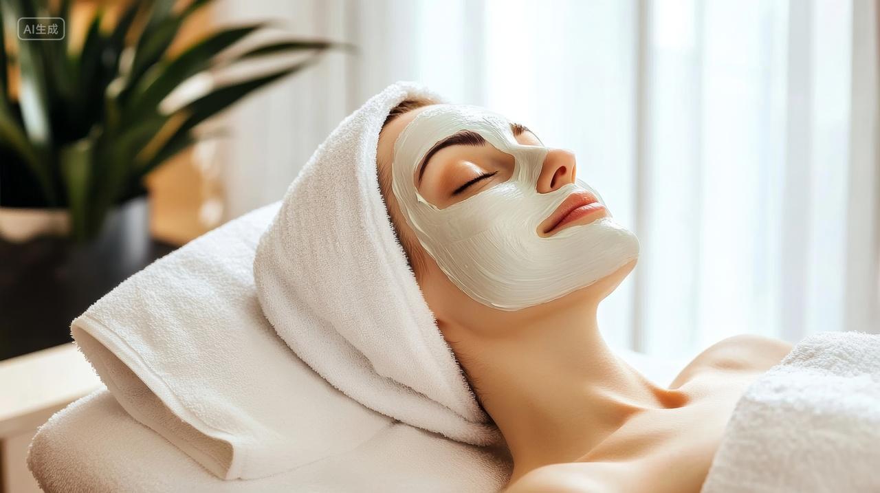 年轻女人躺着做美容敷面膜美容院广告