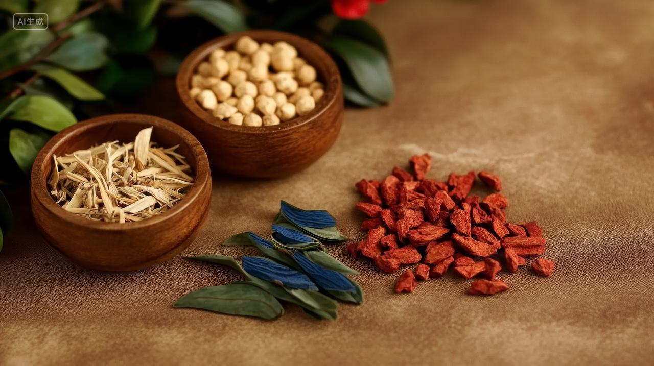 红色和蓝色干枸杞食补中药材补品中国风中药中医文化图片