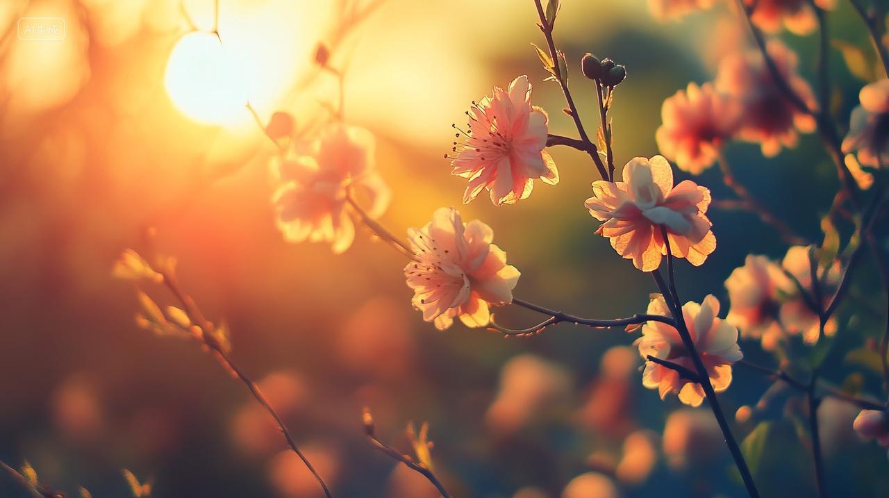 唯美治愈系夕阳西下日出阳光照耀下的风景花朵唯美意境浪漫小清新背景图电脑壁纸