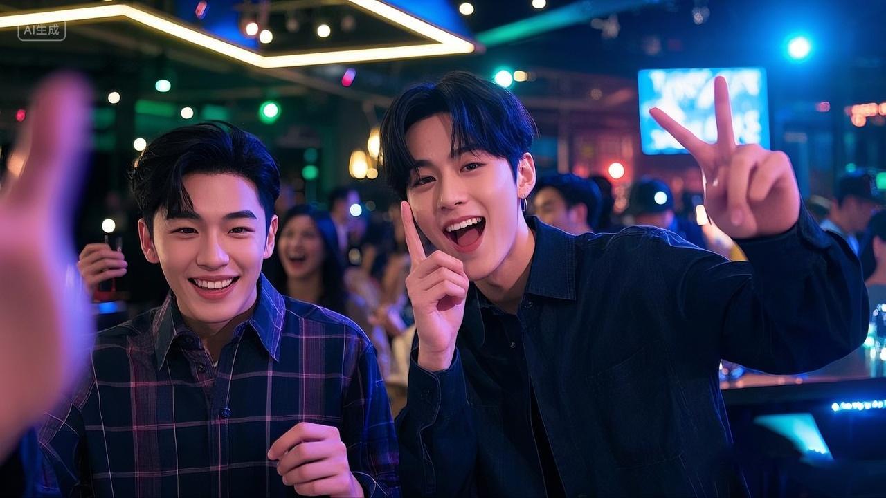 舞蹈跳舞酒吧舞蹈两位男子在灯光闪烁的场所开心比手势拍照KTV场景酒吧跳舞