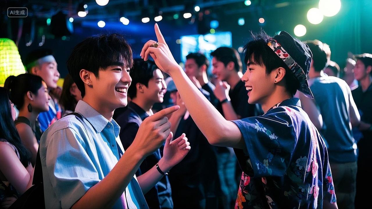 酒吧跳舞两位年轻男子在灯光绚丽的舞池中互动玩乐场景酒吧跳舞