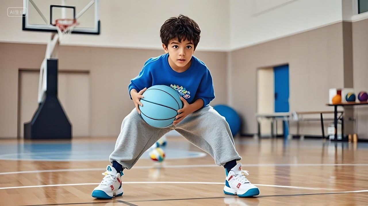 运动一个小男孩在室内篮球场的场景AI