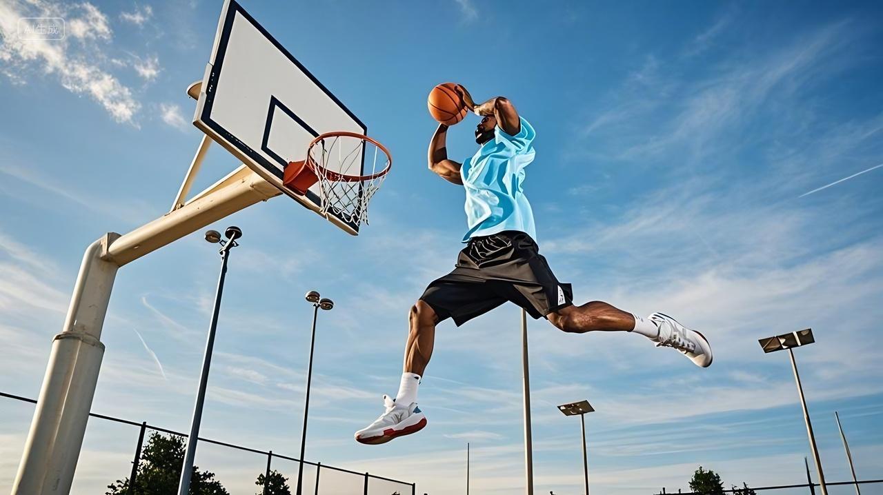 运动一个人在篮球场上扣篮的瞬间AI