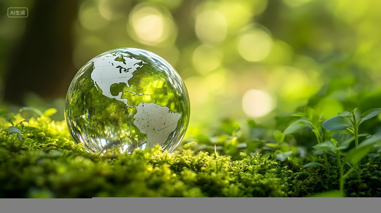 森林绿苔上的玻璃地球球体世界地球日环保概念
