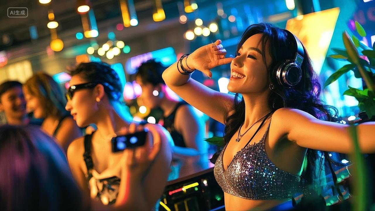 舞蹈跳舞酒吧舞蹈女子戴着耳机在热闹的场所开心舞动享受音乐场景酒吧跳舞