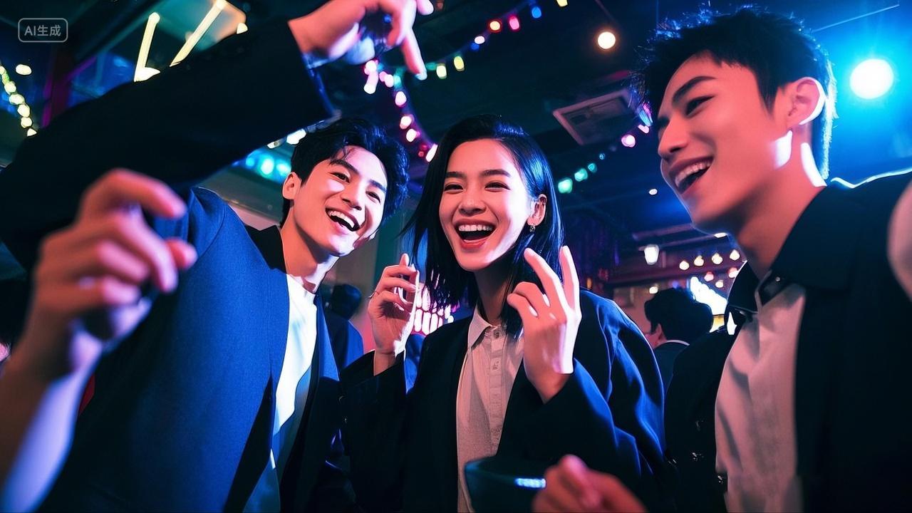 舞蹈跳舞酒吧舞蹈一群人在灯光斑斓的室内场所开心互动玩乐场景酒吧跳舞