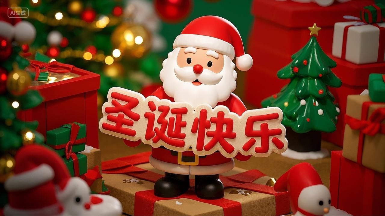 圣诞节海报立体3D风可爱圣诞老人举着饼干做成的圣诞快乐