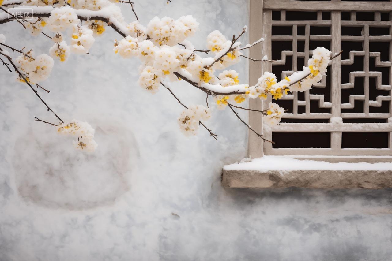 冬天冬雪里的腊梅中国风传统建筑寒冬梅花唯美大自然风景背景意境古风图