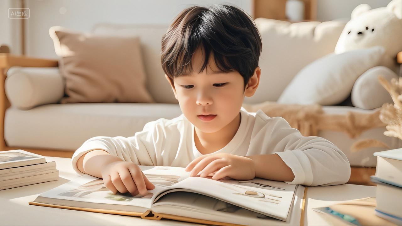 小男孩在家里认真阅读绘本学习儿童教育读书分享