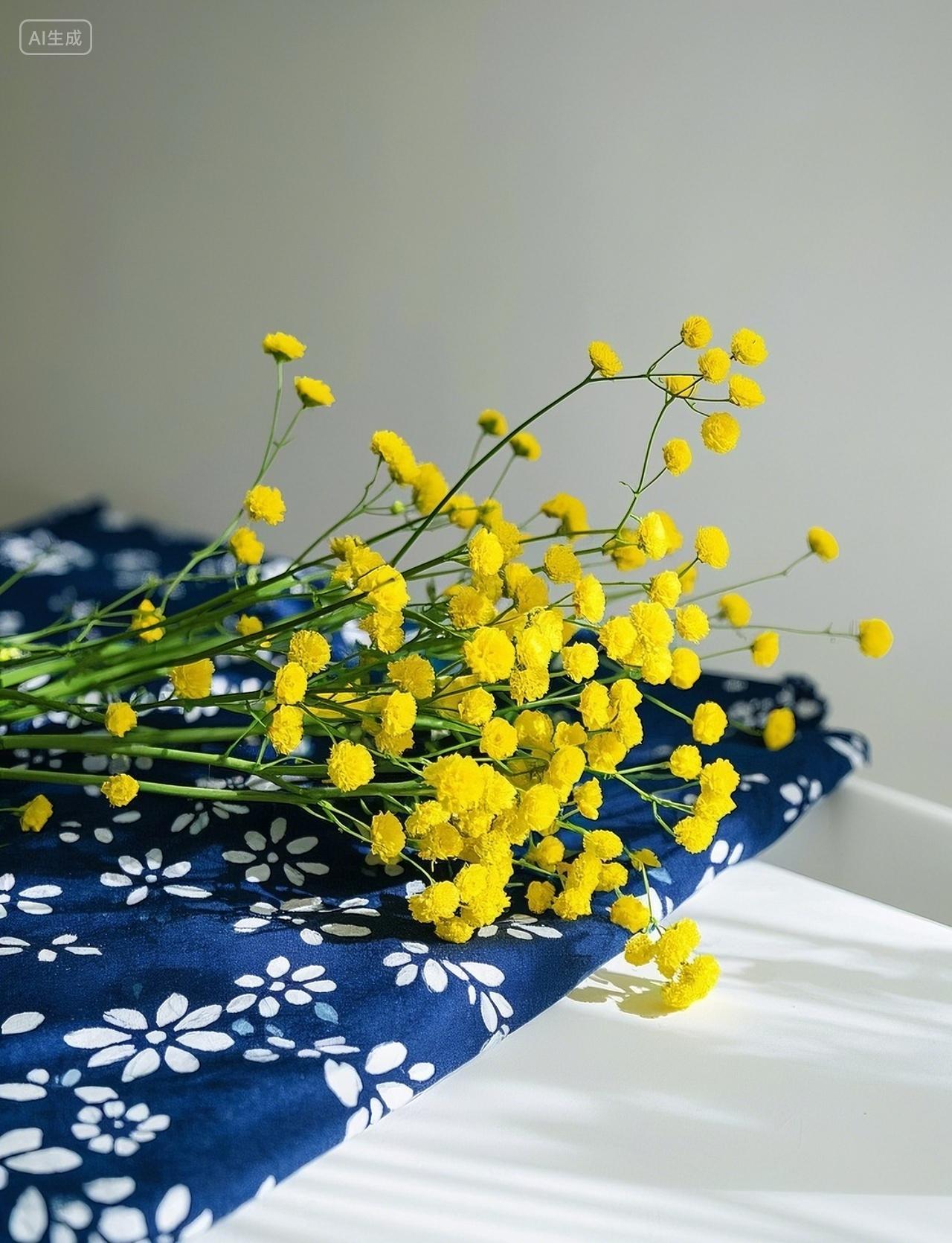 蓝印花布上的黄色满天星花朵花卉静物摄影图