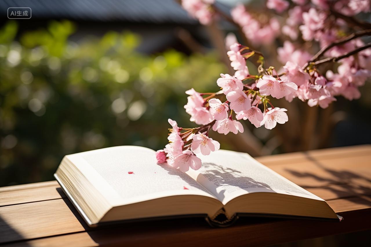 午后户外阅读时光春日樱与书香阅读书页书籍读书分享温暖图片