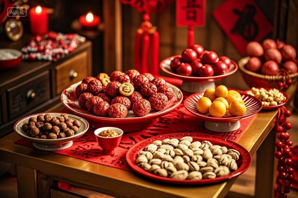 新年2025年桌面整齐的摆着很多盘干果糖果年货迎新春蛇年喜庆氛围摄影