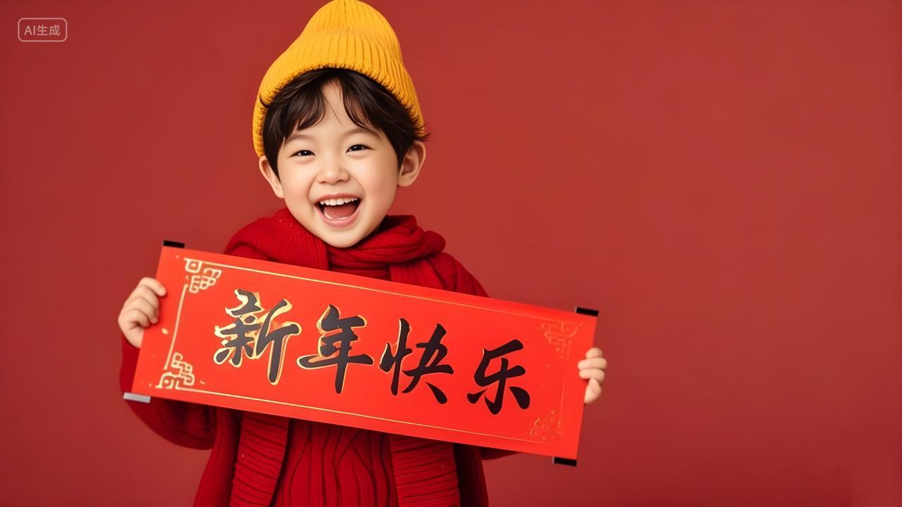 新年新春2025年拿着新年快乐的男孩子男模特人物蛇年贺岁大红色喜庆纯色广告海报摄影图片