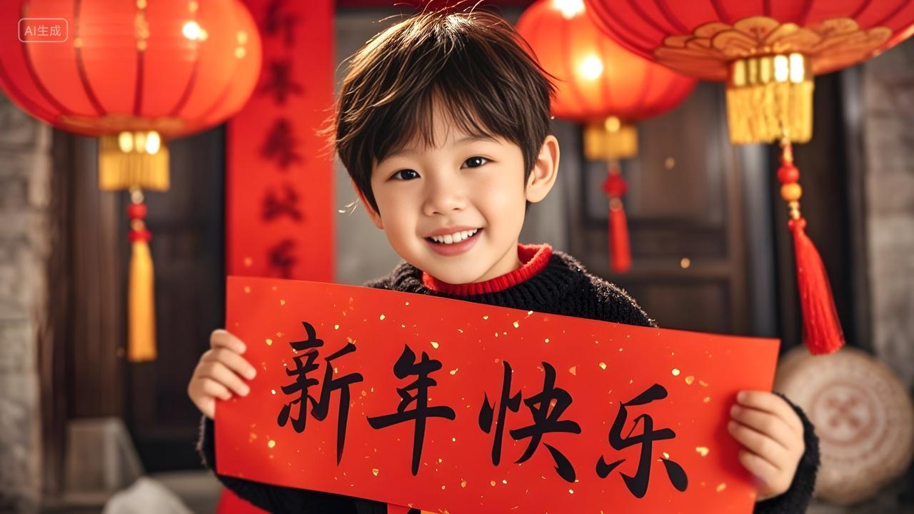 新年新春2025年小男孩人物拿着对联新年快乐祝贺蛇年迎春接福新年广告海报喜庆摄影图片